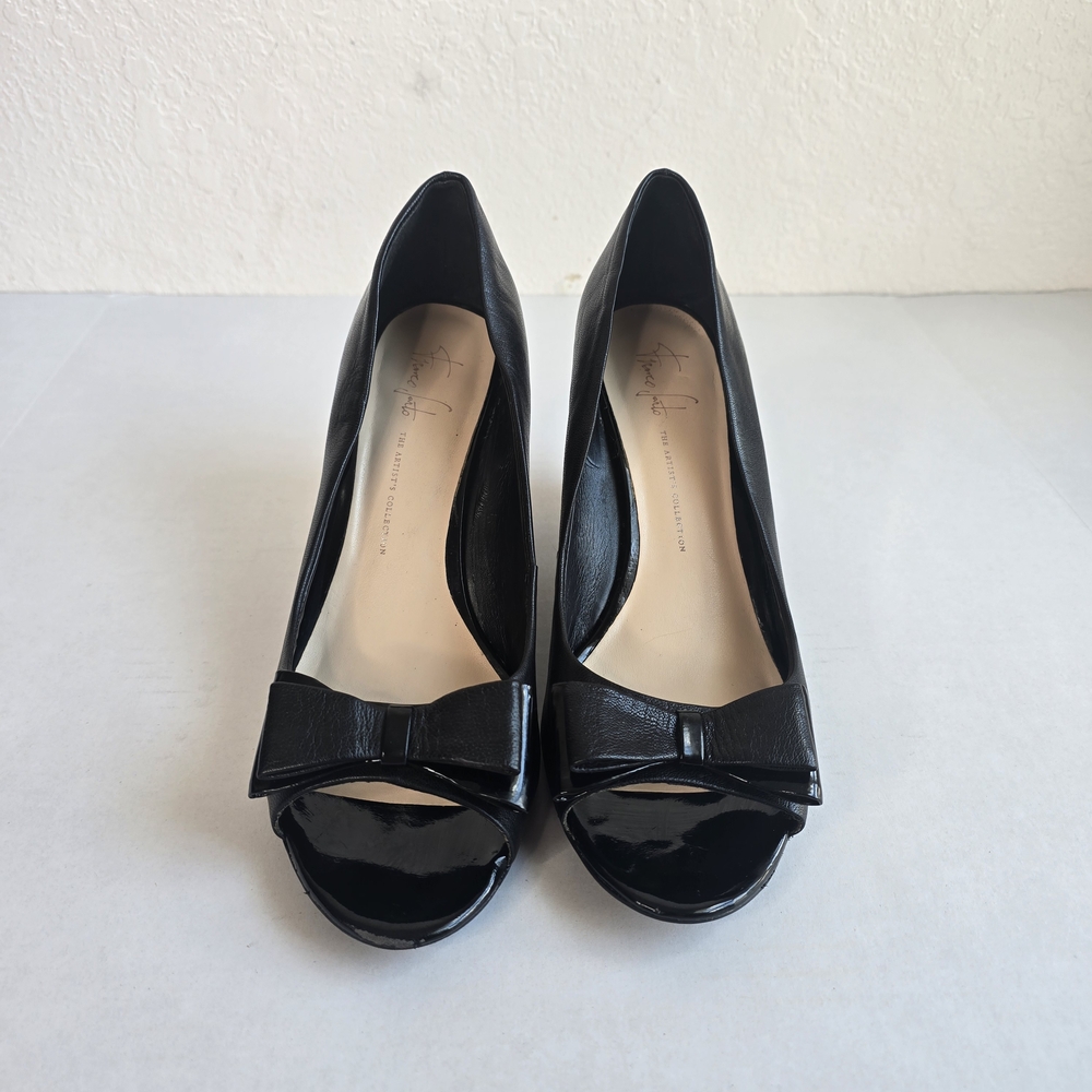 Franco Sarto Hetty Black Peep-Toe Wedges with Bow